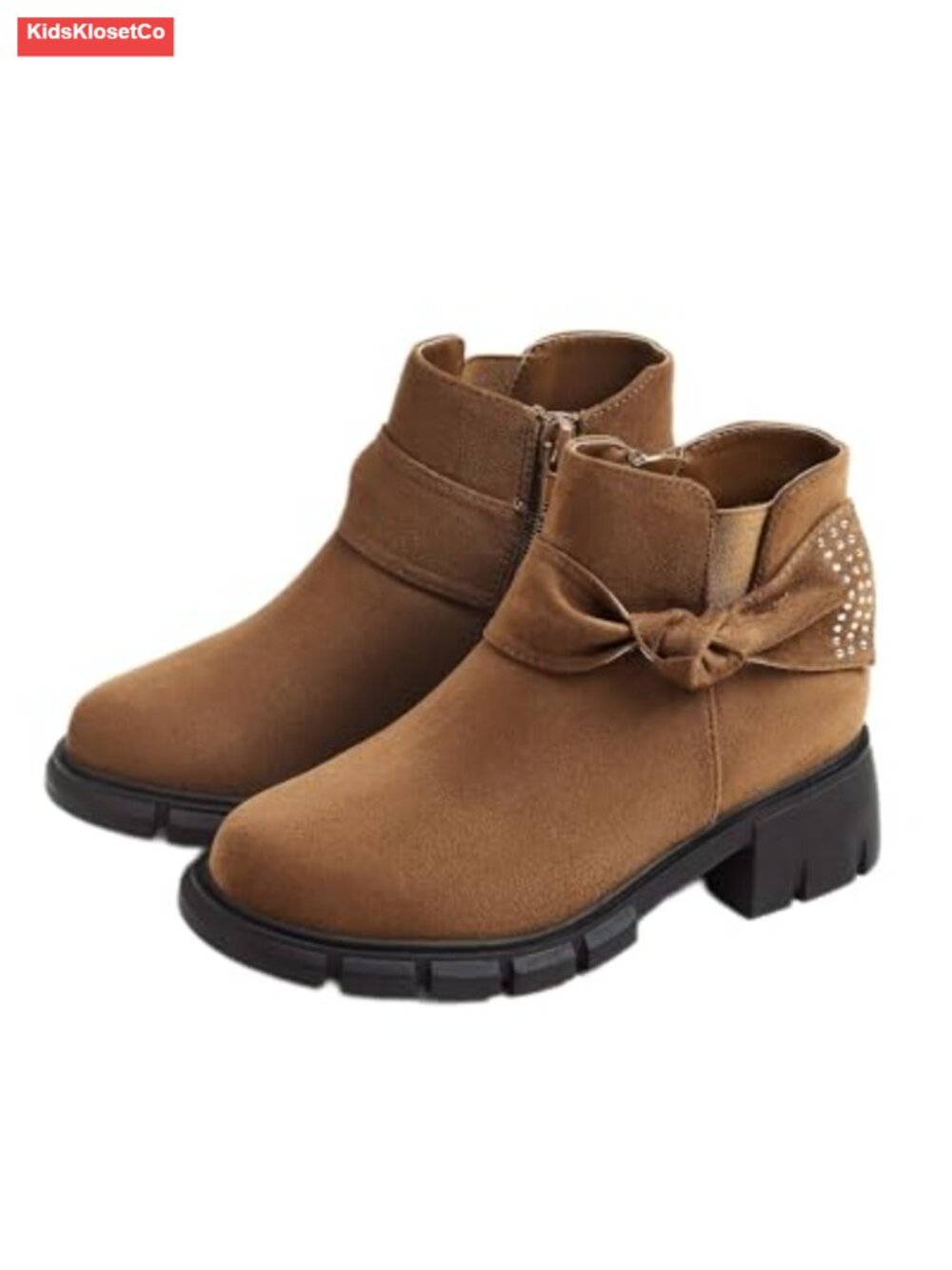 Girls Ankle Boots Block Heel Glitter Bow Zipper Chelsea Booties